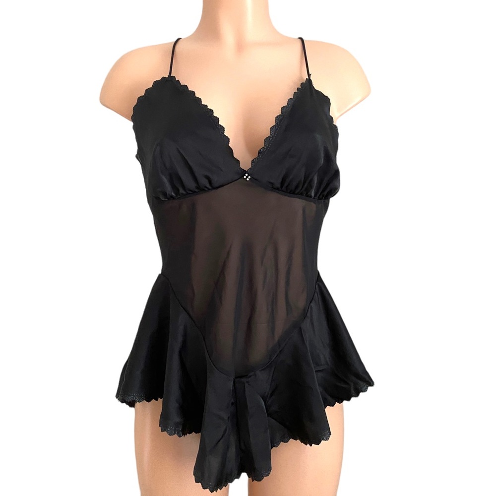 Vintage Tres Chic Black Satin Sheer Spaghetti Strap Lingerie Top